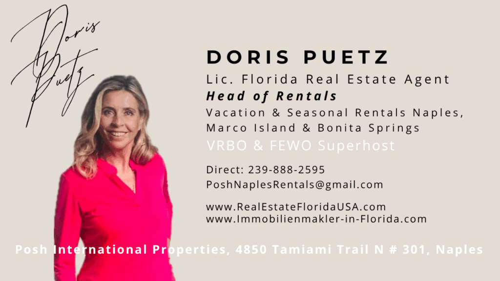 Erfolgreiche Ferienvermietung Naples FLA, Marco Island, Boniat Springs, Ferienhausvermietung, Ferienvermietung, Ferienhaus, Villa, Haus, Luxushaus, Ferienvilla, Luxusvilla, Ferienwohnung, Eigentumswohnung, Kapitalanlage, Ferienunterkunft, Ferienunterkuenfte, Feriendomizil, Domizile, Floirda, Golfkueste, Vermieter, Deutsche Vermieter, Vermietungsagenturen, Hausverwaltung, Naples, Marco Island, Bonita Springs, Florida, am Golf von Mexiko, Doris Puetz.
Fewo Vermarktung Naples FloridaFerienhaus Auslastung steigern NaplesFerienunterkunft erfolgreich vermieten TippsAirBnB Host Leitfaden NaplesFerienhaus Agentur Naples ErfahrungenEinnahmen maximieren Ferienimmobilie Florida