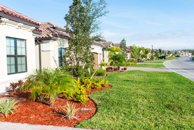 Blick auf ein Haus im grünen mit Palmen in einer Wohnanlage Sandoval in Cape Coral Florida